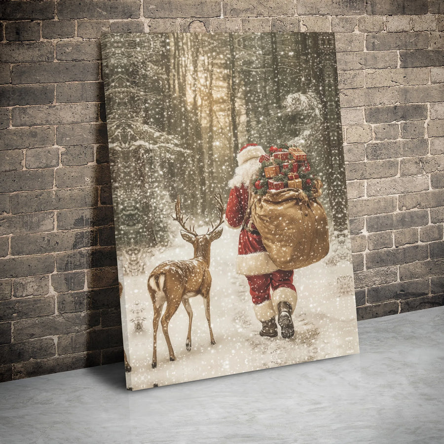 Santa and Reindeer Canvas Wall Art | Snowy Forest Christmas Scene | Gallery Wrapped Premium Print | Festive Holiday Home Decor Gift