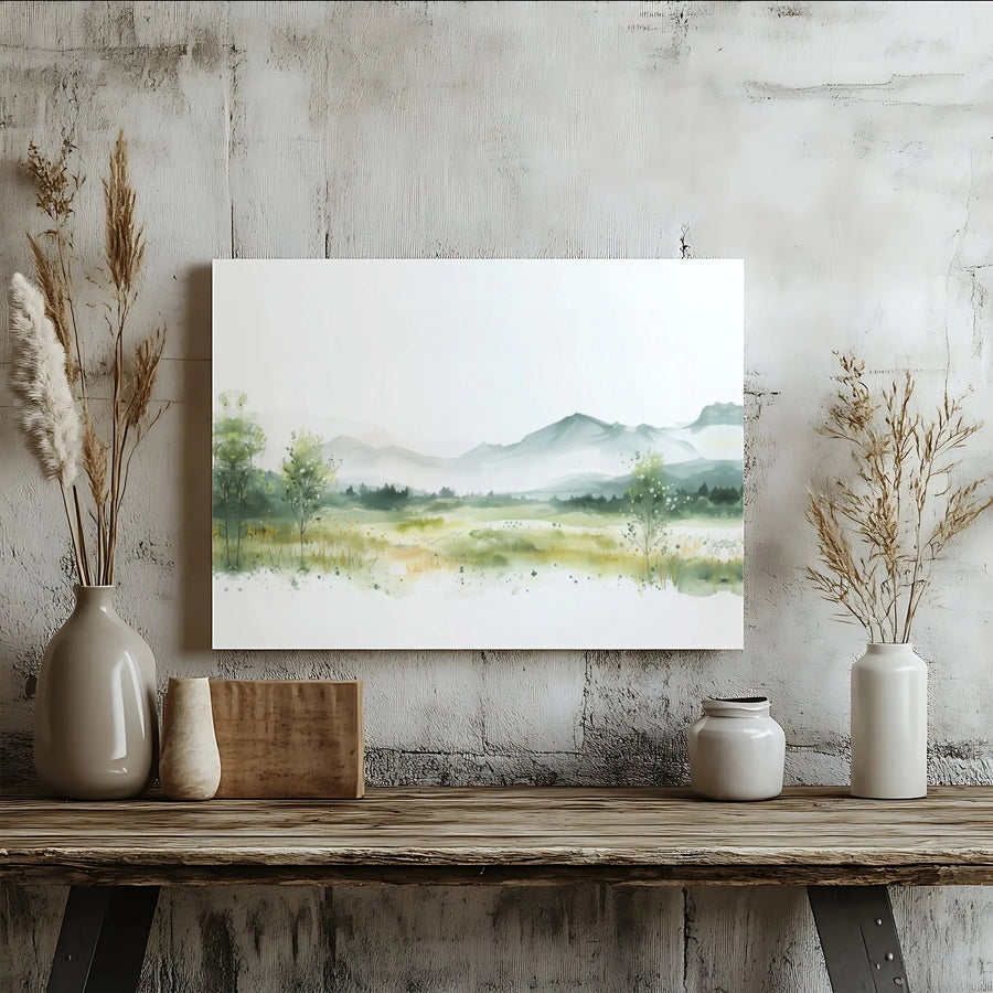 Watercolor Mountain Landscape Canvas | Misty Forest Meadow Wall Art | Premium Fade-Resistant Print | Serene Nature Home Decor Gift