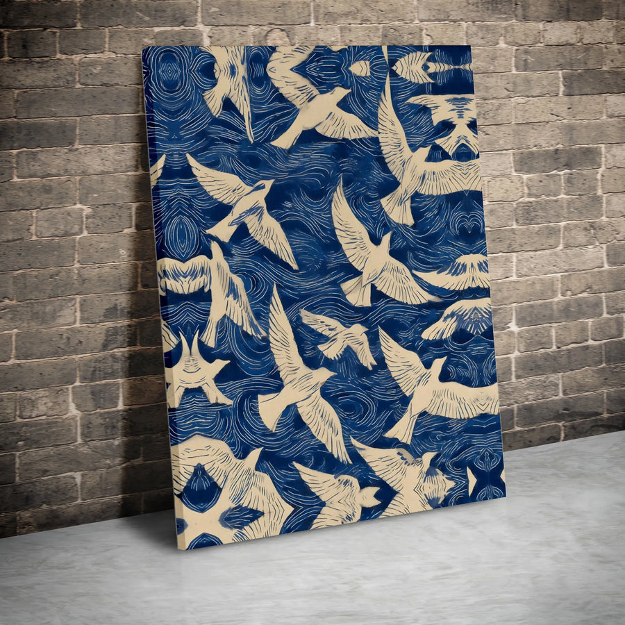 Abstract Birds Canvas Print | Woodblock Style Flock of Birds | Premium Gallery Wrapped Canvas | Modern Boho Living Room Decor Gift