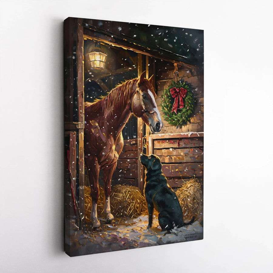 Horse and Black Labrador Christmas Canvas | Snowy Barn Winter Scene Wall Art | Premium Fade-Resistant Gallery Print | Holiday Home Decor Gift