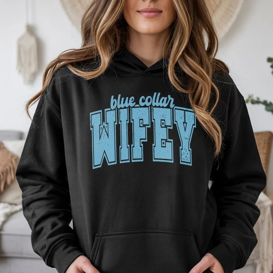 Blue Collar Wifey Hoodie | Retro Varsity Text | Cozy Cotton Blend Pullover | Gift for Blue Collar Wife