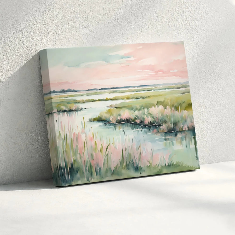 Watercolor Marsh Landscape Canvas | Pink Sunset Coastal Art Print | Gallery-Wrapped Premium Wall Decor | Serene Nature Home Gift