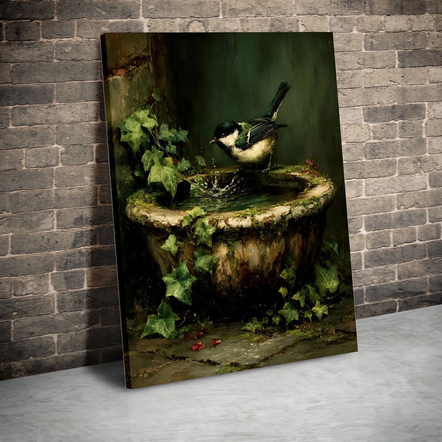 Vintage Bird Painting Vertical Canvas | Dark Academia Bird Bath Art | Premium Gallery Wrapped Print | Nature Lover Home Decor Gift