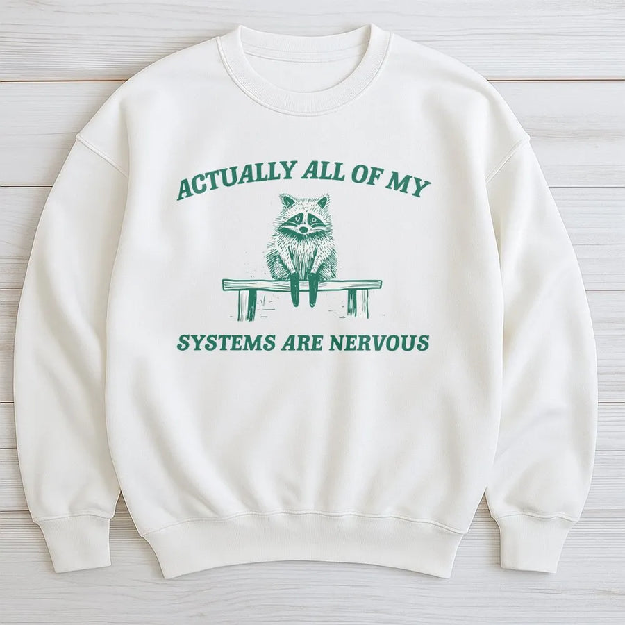 Actually All My Systems Are Nervous Sweatshirt | Funny Anxious Raccoon Meme Quote | Soft Cotton Blend Pullover | Sarcastic Humor Gift for Men and Women