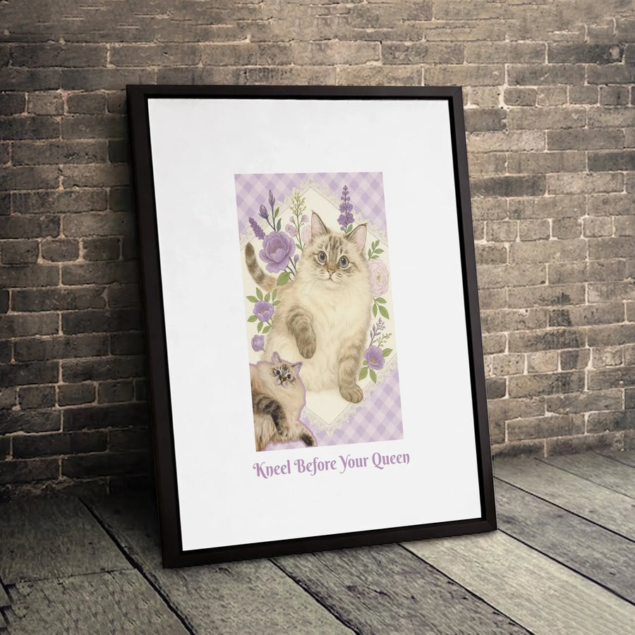 Kneel Before Your Queen Cat Canvas Wall Art | Floral Ragdoll Illustration | Premium 1.25" Gallery Wrap | Funny Pet Lover Gift Home Decor