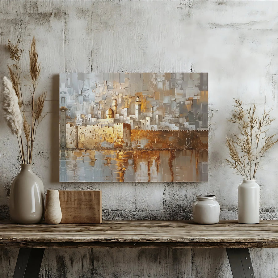 Jerusalem Old City Canvas Wall Art | Abstract Gold And Silver Texture Painting | Premium Gallery Wrap Print | Religious Home Office Decor Gift