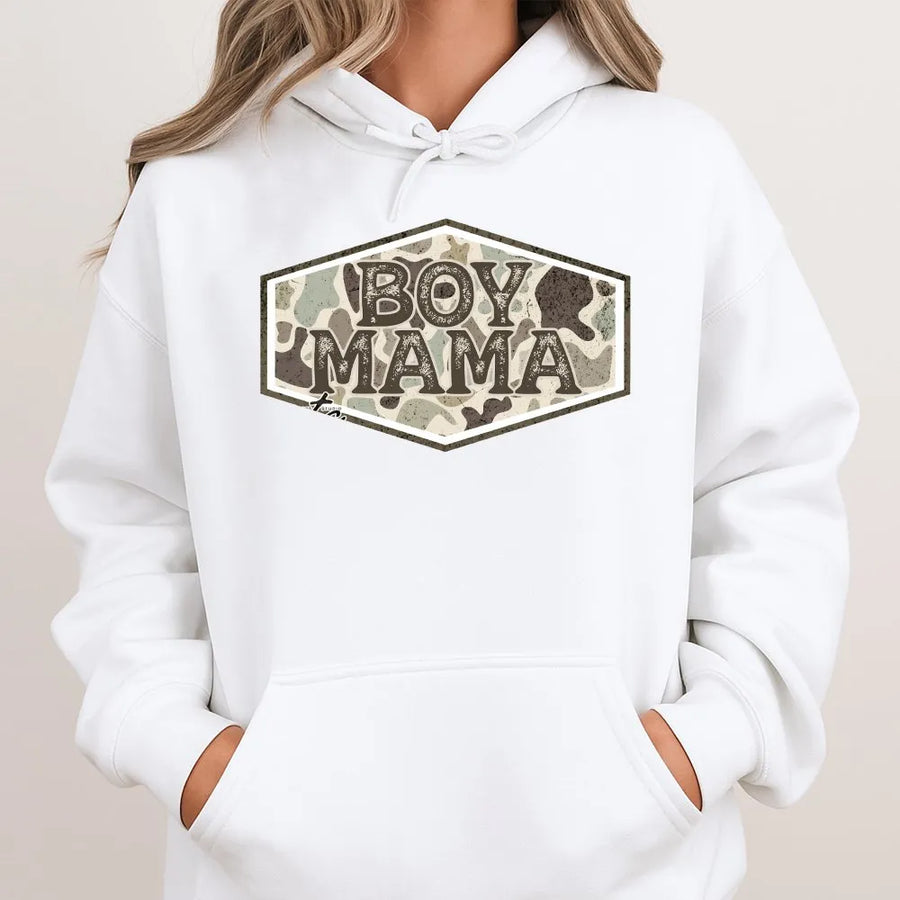 Boy Mama Camo Hoodie | Hunting Season Graphic Sweatshirt | Premium Cotton Blend | Gift for Proud Mom of Boys