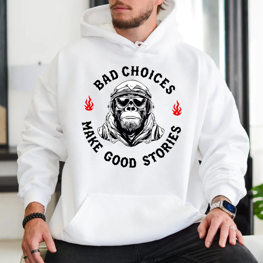 Bad Choices Make Good Stories Hoodie | Funny Chimpanzee Biker Graphic | Premium Unisex Pullover | Unique Gift for Adventure Seekers