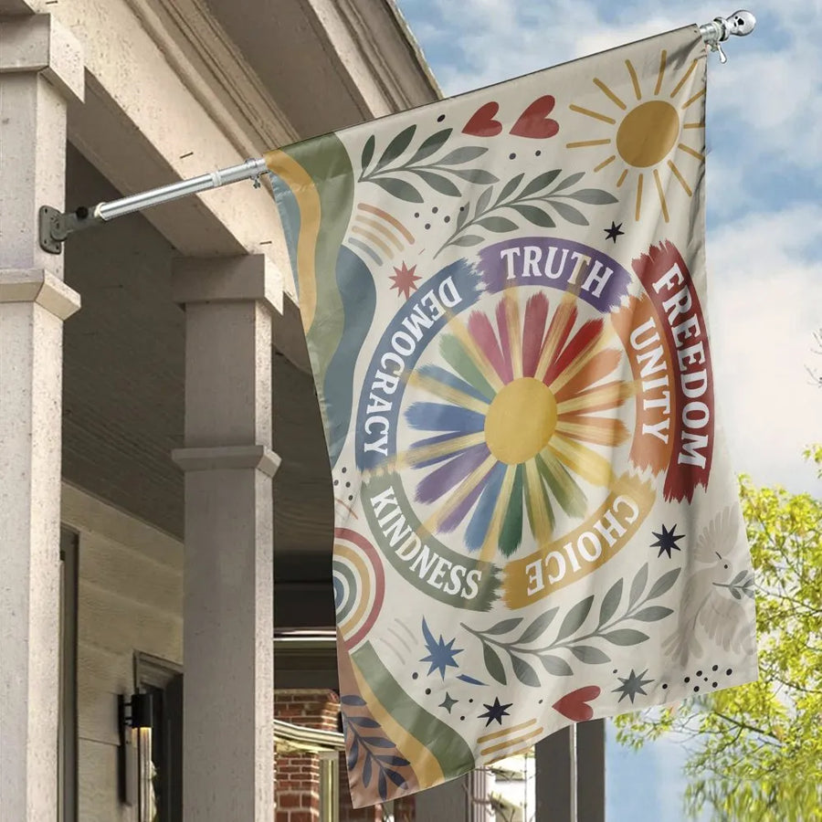 Unity Peace House Flag | Retro Freedom Kindness Banner | Double-Sided 2-Ply Polyester | Boho Rainbow Flower & Peace Dove Art, Outdoor Yard Decor Gift