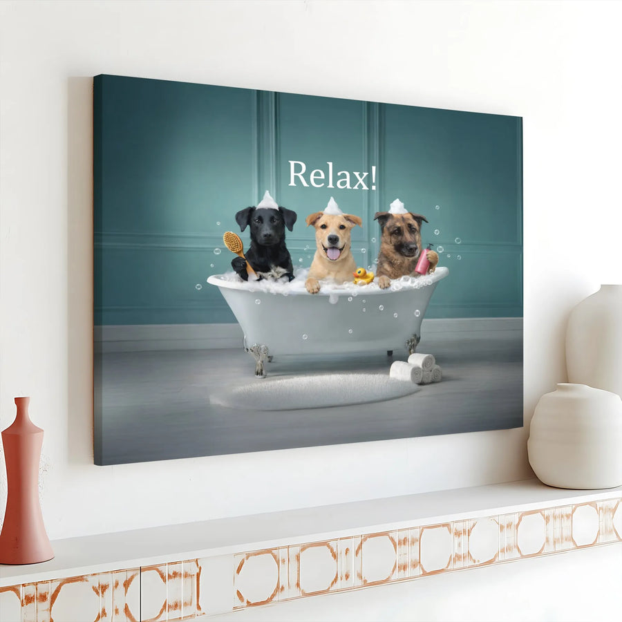 Funny Dogs in Bathtub Canvas Wall Art | Whimsical Puppies Bubble Bath | Premium Gallery Wrapped Print | Bathroom Decor Gift for Dog Lovers