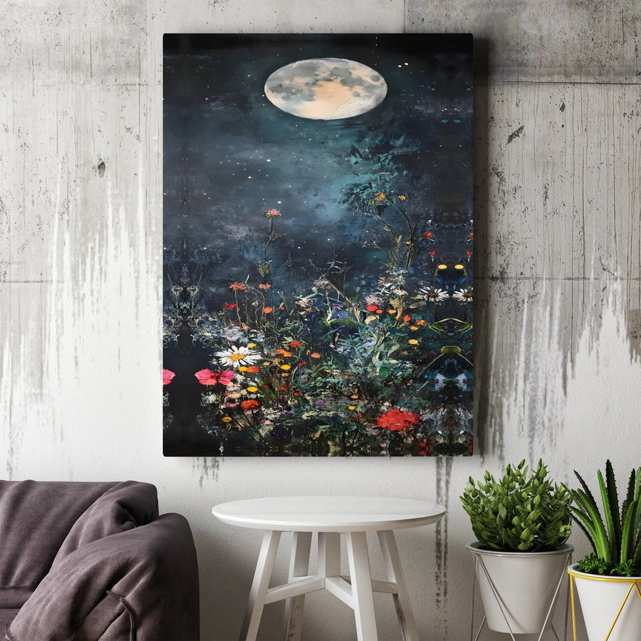 Wildflower Moon Canvas Wall Art | Dark Botanical Night Sky Print | Premium Gallery Wrapped Decor | Moody Floral Nature Gift For Her