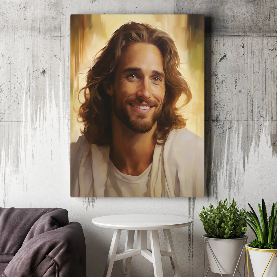 Smiling Jesus Portrait Canvas | Inspirational Religious Wall Art | Premium Gallery Wrap Print | Christian Home Decor Gift