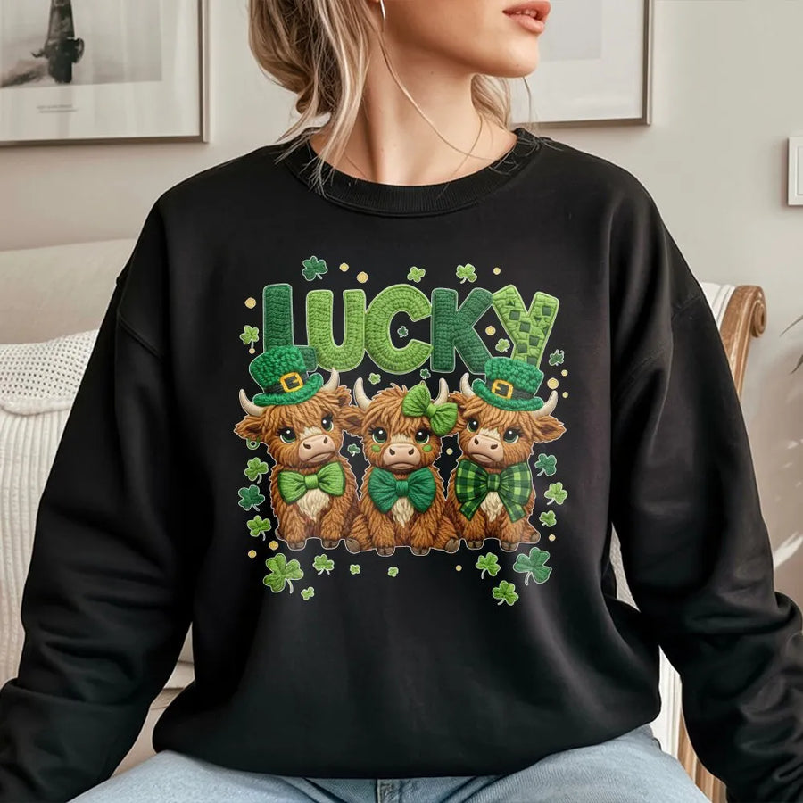 Lucky Highland Cow Sweatshirt | St. Patrick’s Day Irish Trio Graphic | Premium Cotton Blend | Gift for Animal Lovers & Holiday Fans