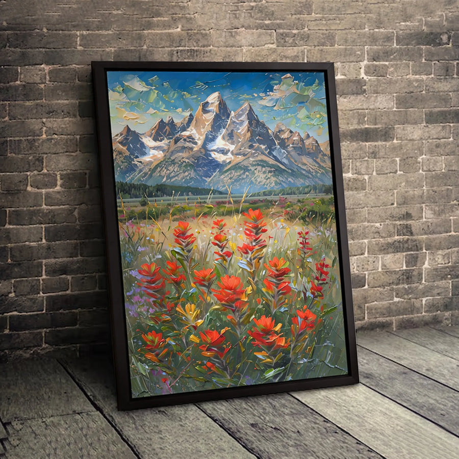 Grand Teton Mountain Canvas Art | Impressionist Wildflower Landscape | 1.25-Inch Gallery Wrap | Premium Nature Wall Decor for Living Room