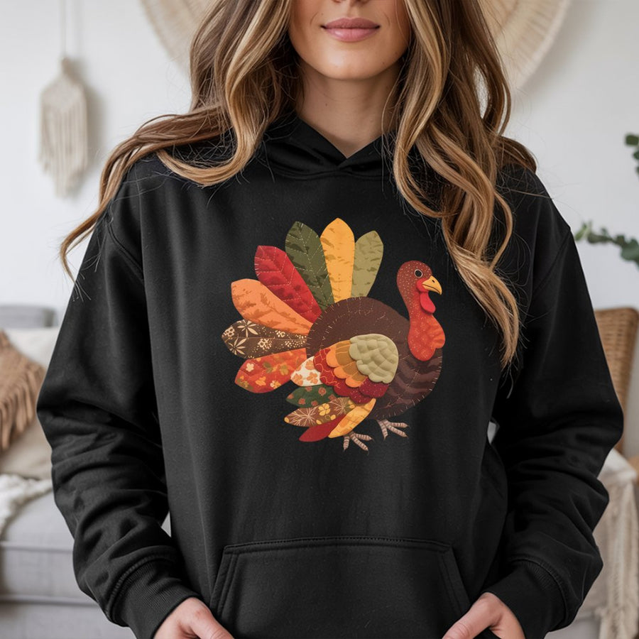 Patchwork Turkey Thanksgiving Hoodie | Colorful Fall Art Graphic | Premium Cotton Blend | Unisex Holiday Gift for Women and Men