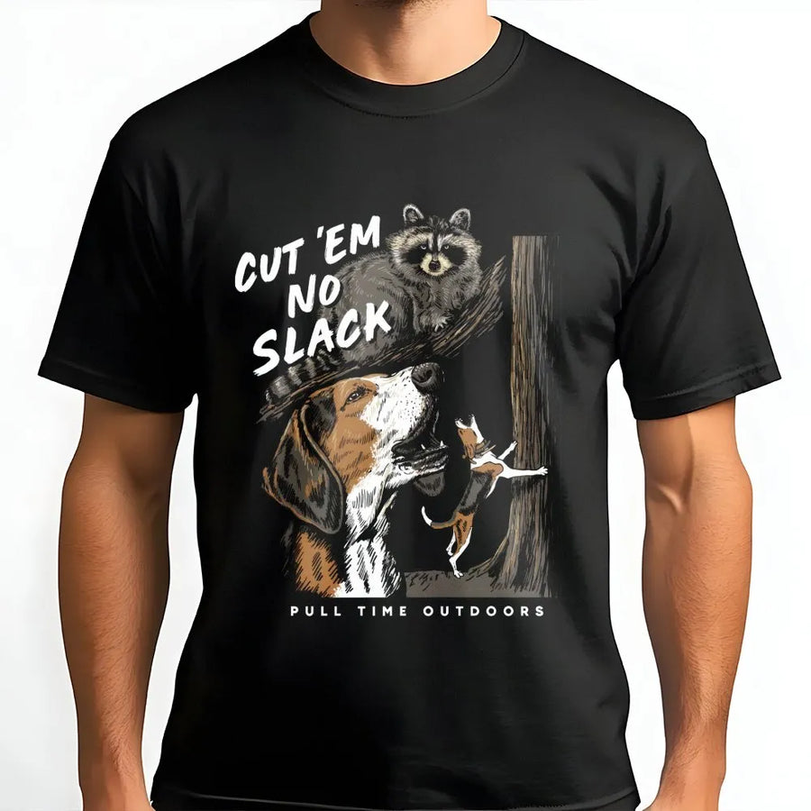 Coon Hunting T-Shirt | Cut Em No Slack Hounds Graphic | Premium Cotton Unisex Tee | Gift for Outdoor Sportsman and Dog Hunters