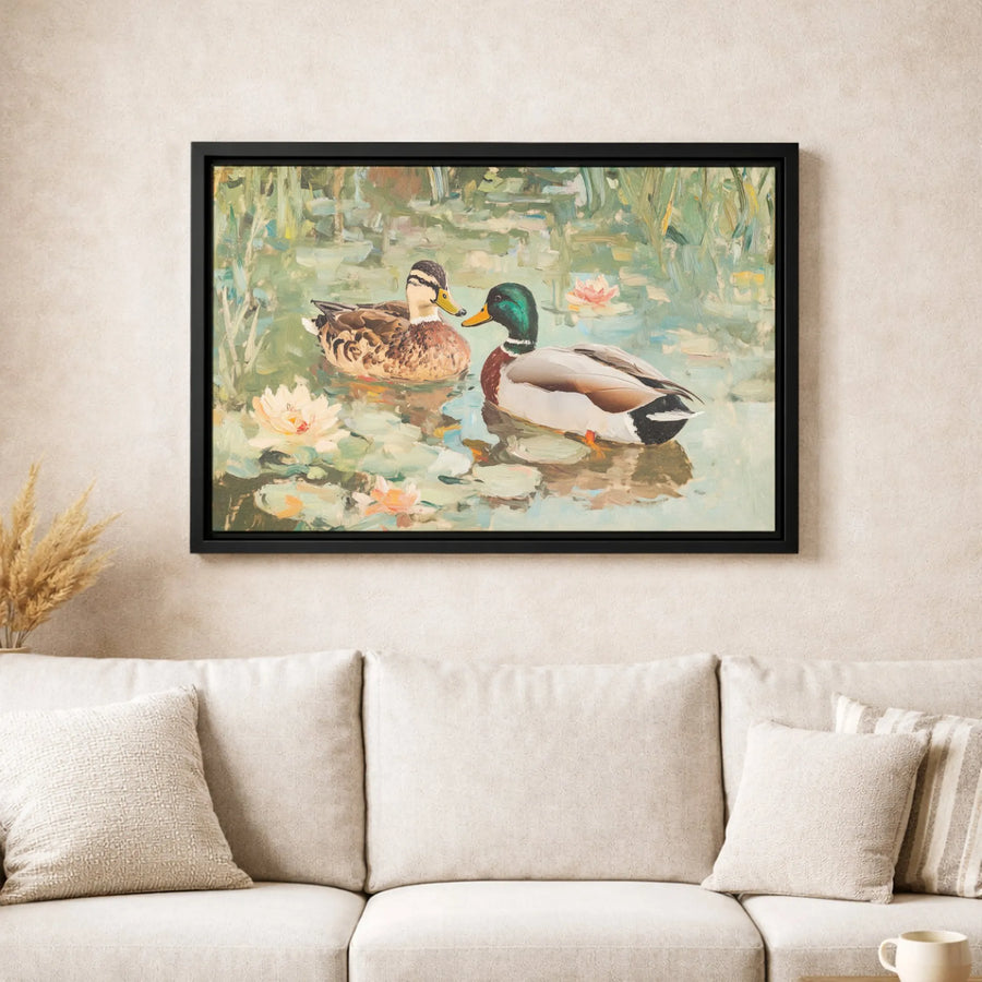 Mallard Duck Canvas Wall Art | Impressionist Pond Landscape with Water Lilies | Premium Gallery-Wrapped Print | Nature Lover Home Decor Gift