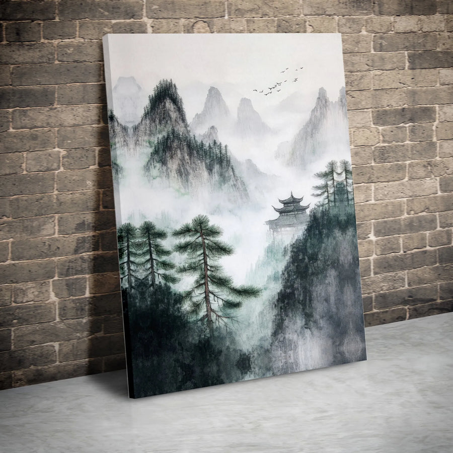 Chinese Ink Wash Mountain Canvas | Misty Pagoda Landscape Wall Art | Premium Gallery Wrap Decor | Serene Asian Zen Home Office Gift