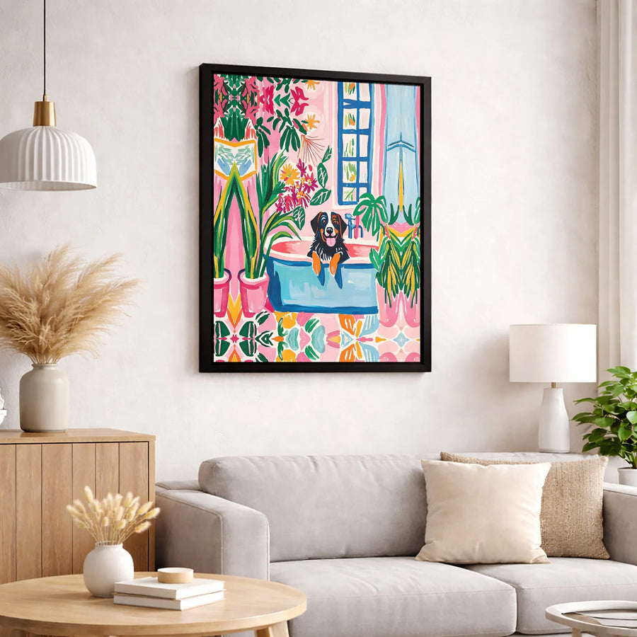 Bernese Mountain Dog Canvas Wall Art | Colorful Botanical Bath Decor | Premium Gallery Wrap Print | Whimsical Dog Lover Gift