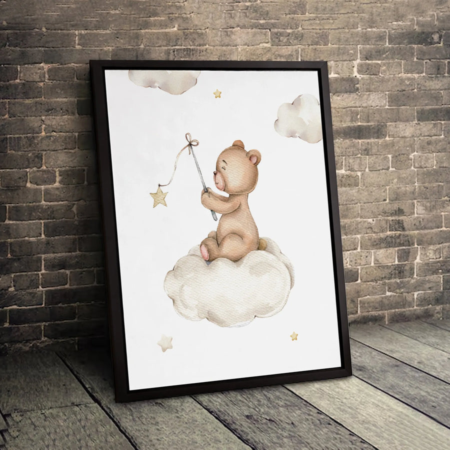 Watercolor Teddy Bear Wall Art | Cute Cloud Fishing For Stars Nursery Decor | Premium Gallery-Wrapped Canvas | Gender Neutral Baby Room Gift