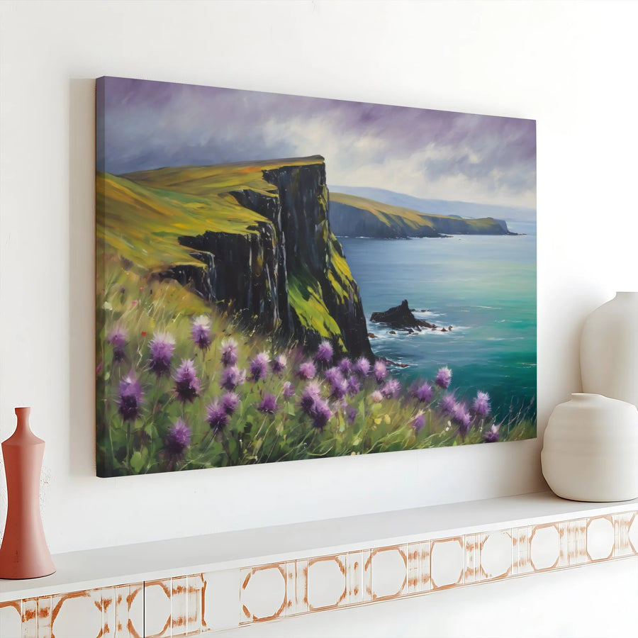 Coastal Cliffs Landscape Canvas Print | Purple Thistle Ocean View | Premium Gallery Wrapped Wall Art | Scenic Nature Decor For Living Room