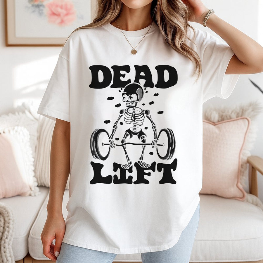 Dead Lift Skeleton T-Shirt | Funny Weightlifting Graphic Design | 100% Cotton Premium Tee | Workout Pump Cover Gift for Fitness Lovers
