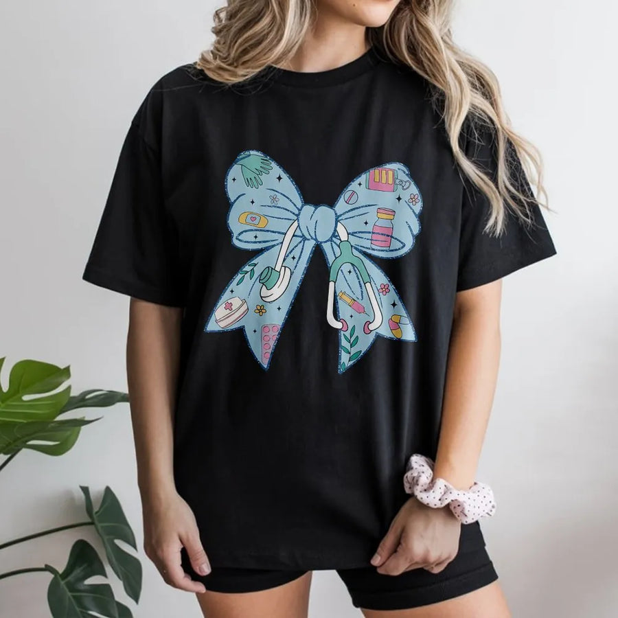 Nurse Coquette Bow T-Shirt | Coquette Aesthetic Stethoscope Graphic | Soft Cotton Blend Pullover | Gift for Nursing Student or RN