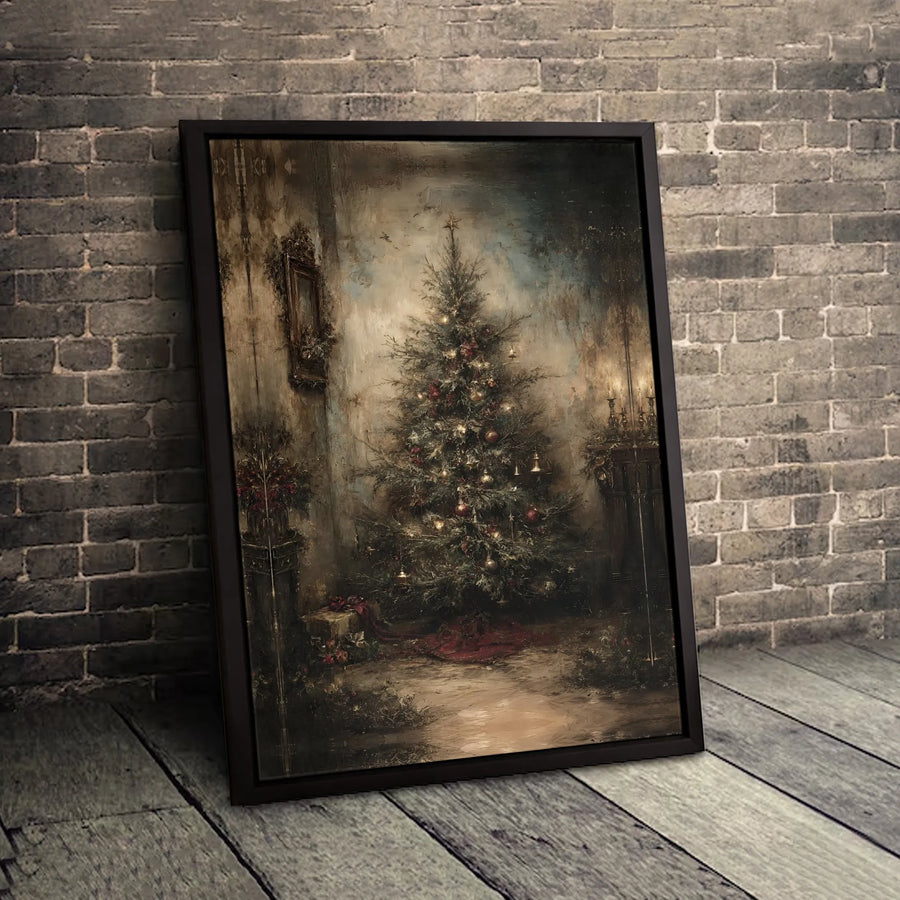 Vintage Christmas Tree Canvas Art | Rustic Oil Painting Style Wall Decor | Gallery Quality 1.25 Inch Frame | Festive Holiday Home Interior Gift