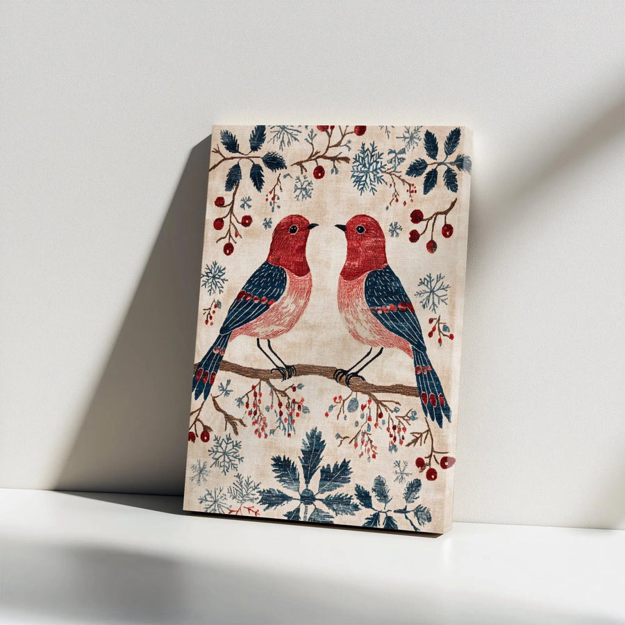 Winter Birds Canvas Wall Art | Vintage Folk Art Robins with Snowflakes | Premium Gallery Canvas | Rustic Farmhouse Holiday Decor Gift for Bird Lover