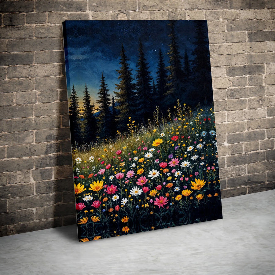 Night Sky Wildflower Meadow Vertical Canvas | Starry Forest Pine Trees & Vibrant Floral Art | Premium 1.25" Gallery Style Frameless Print | Nature Lover Gift & Cozy Living Room Decor