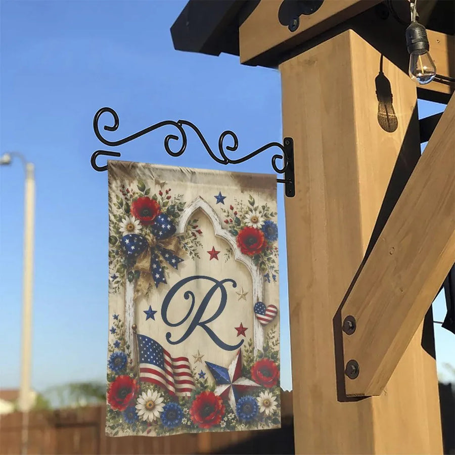 Patriotic Monogram Garden Flag | Rustic USA Flag and Floral Arch Script Letter R | Double Sided Premium Polyester | Independence Day Housewarming Gift