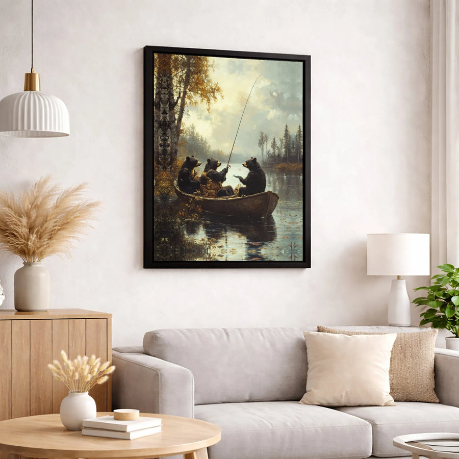 Three Black Bears Fishing Canvas Wall Art | Rustic Wildlife Lake Cabin Decor | Premium Fade-Resistant Print | Gift for Outdoorsmen and Nature Lovers