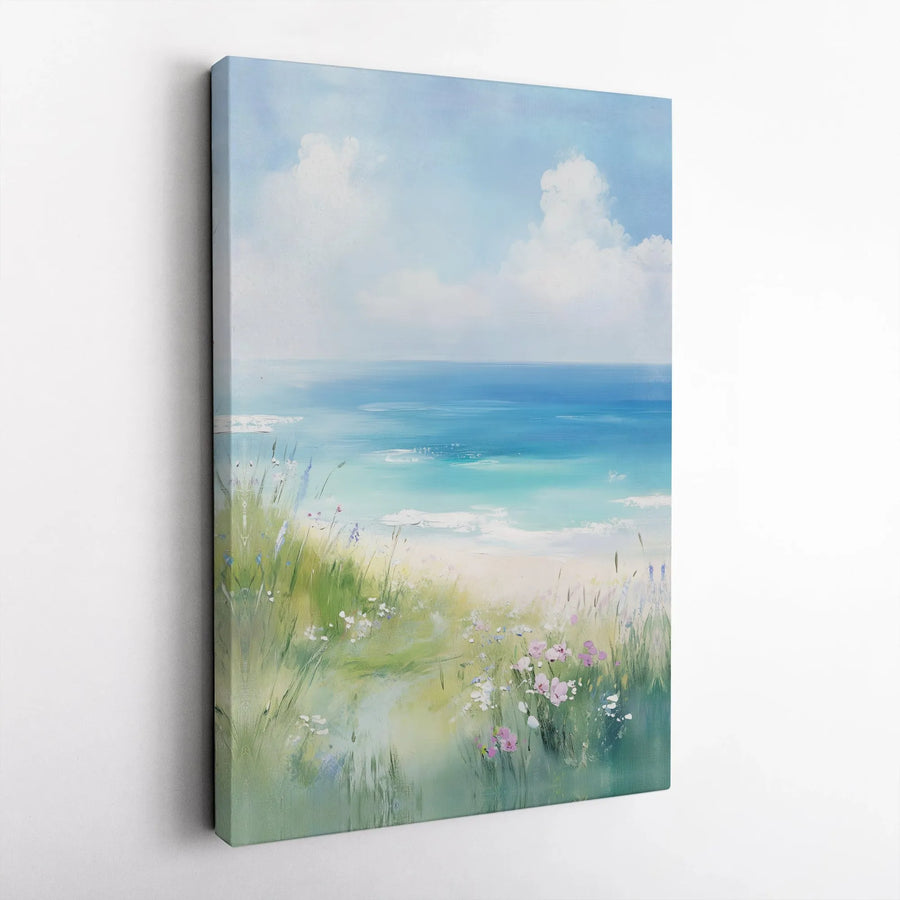Coastal Beach Painting Canvas Wall Art | Wildflower Path to Ocean Seascape | Premium Gallery Wrapped Print | Modern Living Room Decor Gift