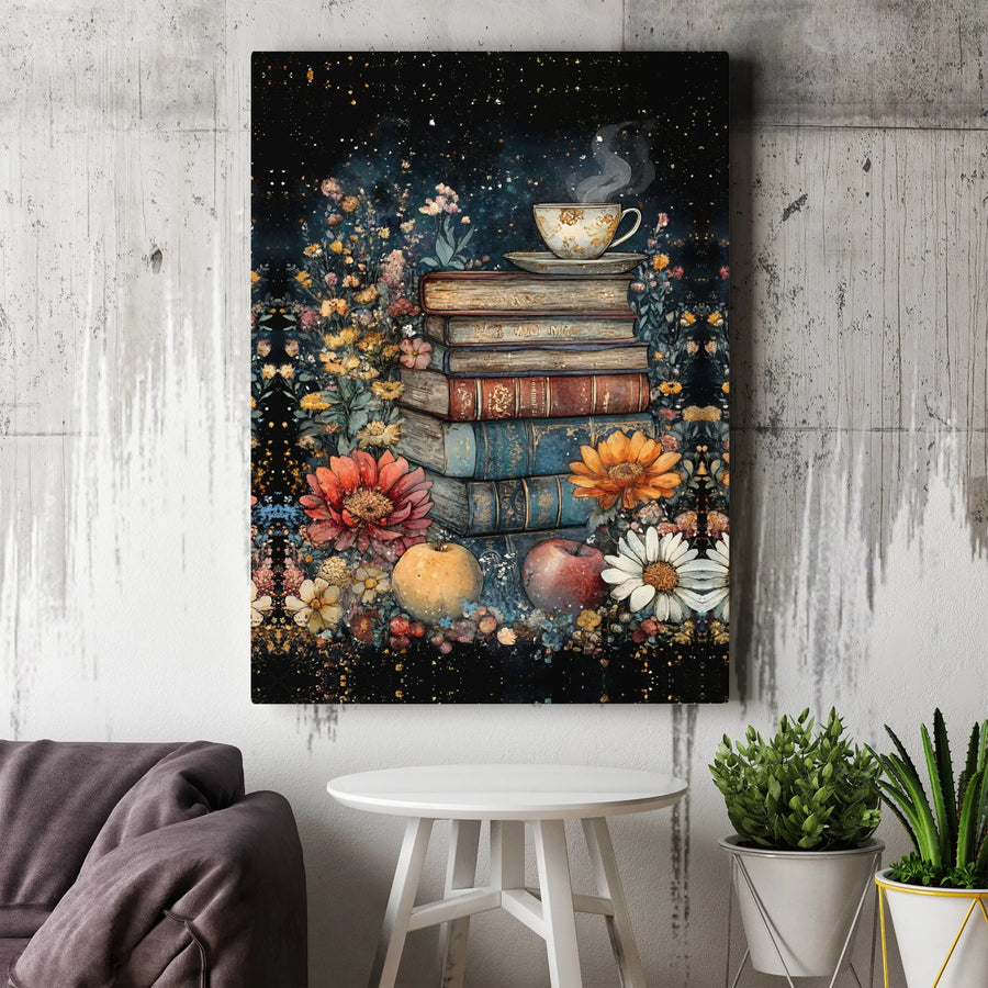 Dark Academia Canvas Art | Vintage Book Stack With Steaming Tea and Wildflowers | Gallery-Quality Fade-Resistant Print | Cozy Home Office Decor Gift