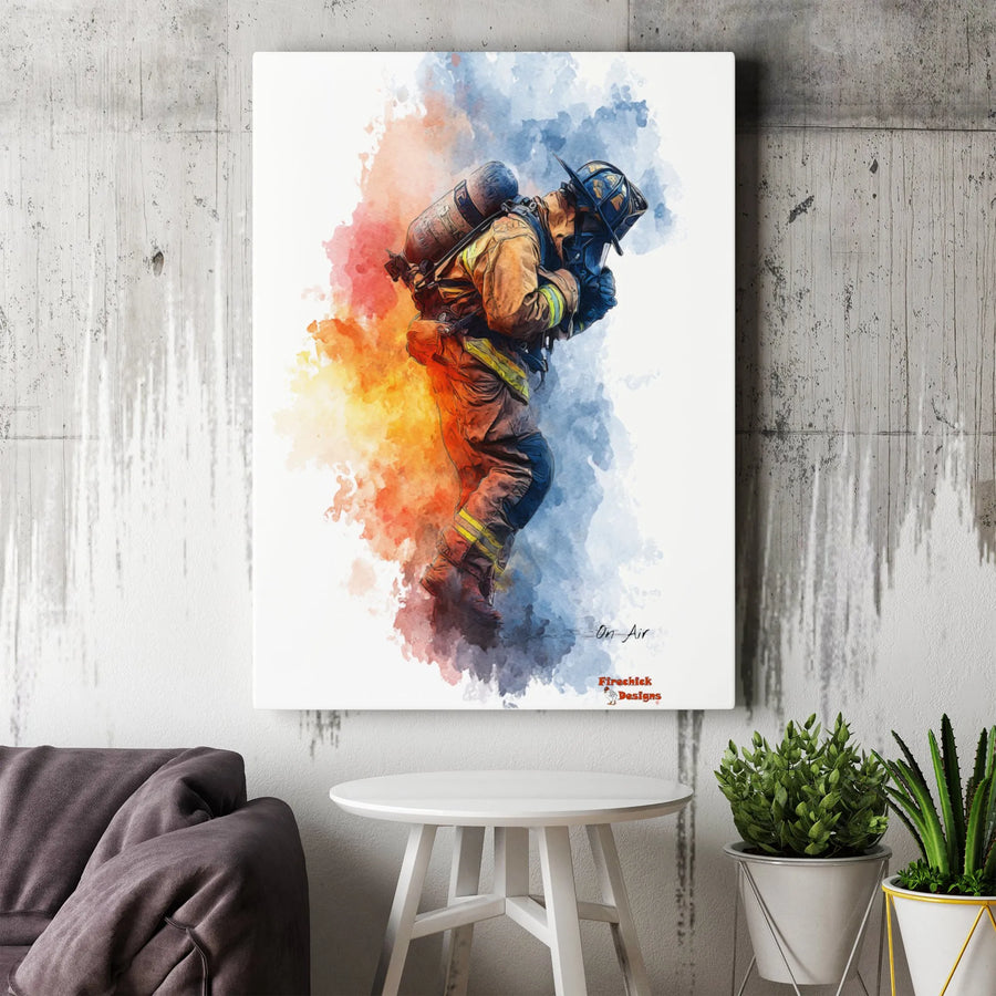 Firefighter Wall Art Canvas | Watercolor Rescue Hero Portrait | 1.25 Inch Gallery Wrap Premium Print | Perfect Gift for Fireman or Fire Department