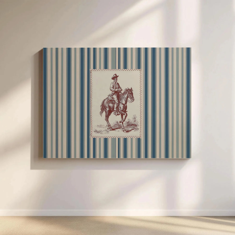 Vintage Cowboy Wall Art | Western Horse Illustration on Blue Stripes | 1.25 Inch Gallery Wrap Canvas | Rustic Home Decor for Living Room