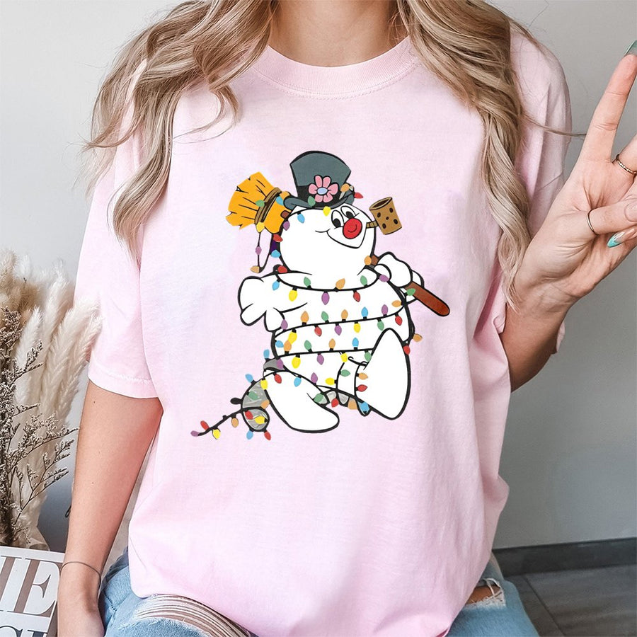 Snowman Christmas Graphic T-Shirt | Festive Holiday Lights Cartoon Design | 100% Cotton Premium Tee | Unisex Gift for Holiday Lovers