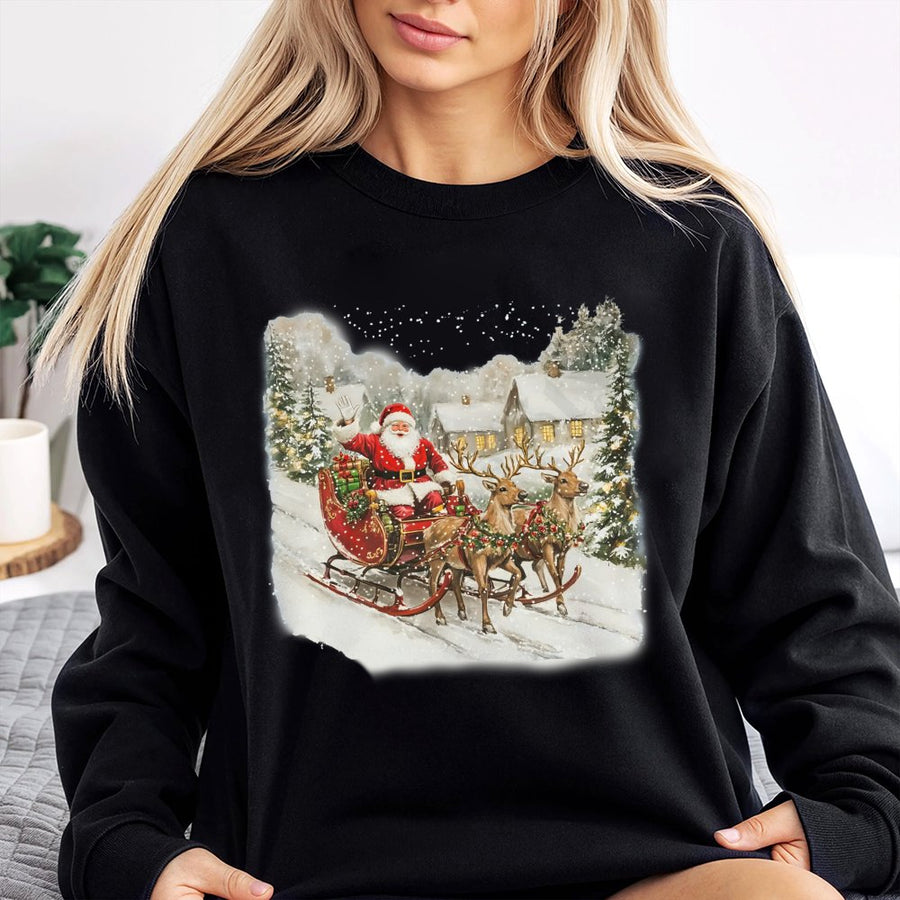 Vintage Santa Sweatshirt | Nostalgic Sleigh and Reindeer Graphic | Premium Cotton Blend | Holiday Gift for Christmas Lovers