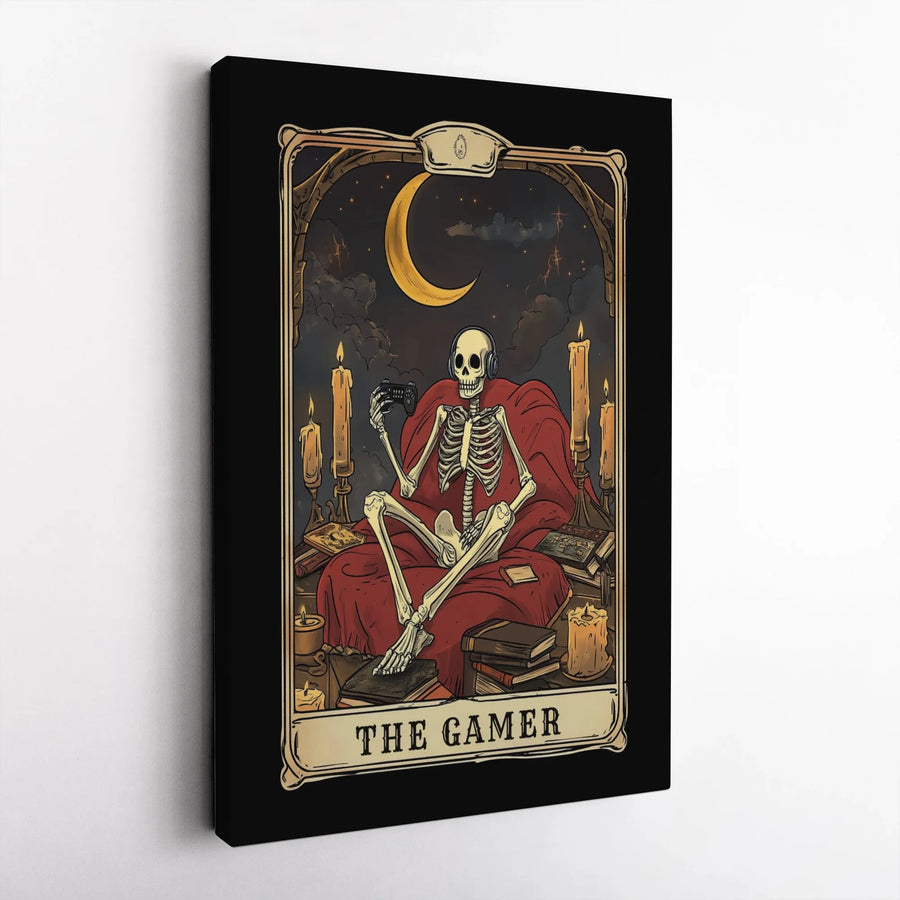 The Gamer Tarot Card Wall Art | Skeleton Gaming Aesthetic Canvas | Premium Gallery Wrap Decor | Unique Gift for Gamers and Occult Lovers