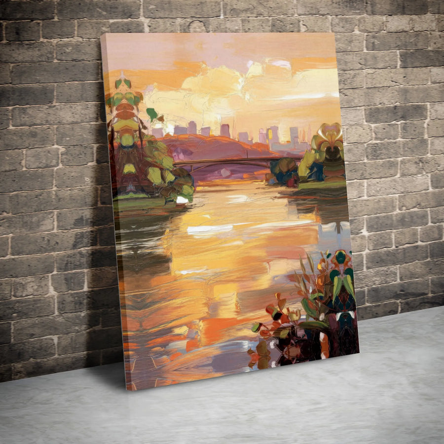 Abstract Sunset Cityscape Canvas Wall Art | Warm River Bridge Landscape | Premium Fade-Resistant Gallery Print | Modern Home & Office Decor