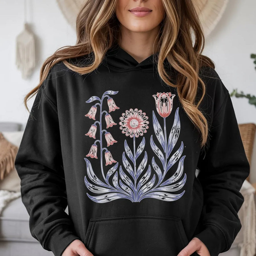 Floral Graphic Hoodie | Foxglove Daisy Tulip Print Design | Premium Cotton Blend | Unisex Anti- Statement Gift for Adults