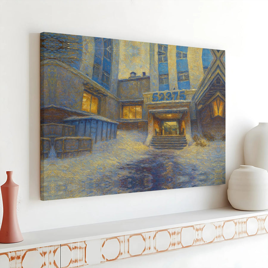 Winter Building Canvas Print | Impressionist Snowy Landscape Art | Premium Gallery Wrap Canvas | Atmospheric Wall Decor Gift for Home