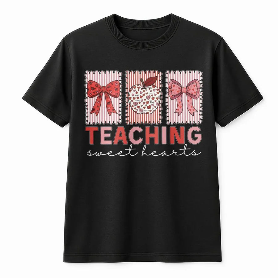 Teaching Sweet Hearts T-Shirt | Valentine Teacher Apple Bow Graphic | Premium Cotton Apparel | Cute Teacher Appreciation Valentine's Day Gift