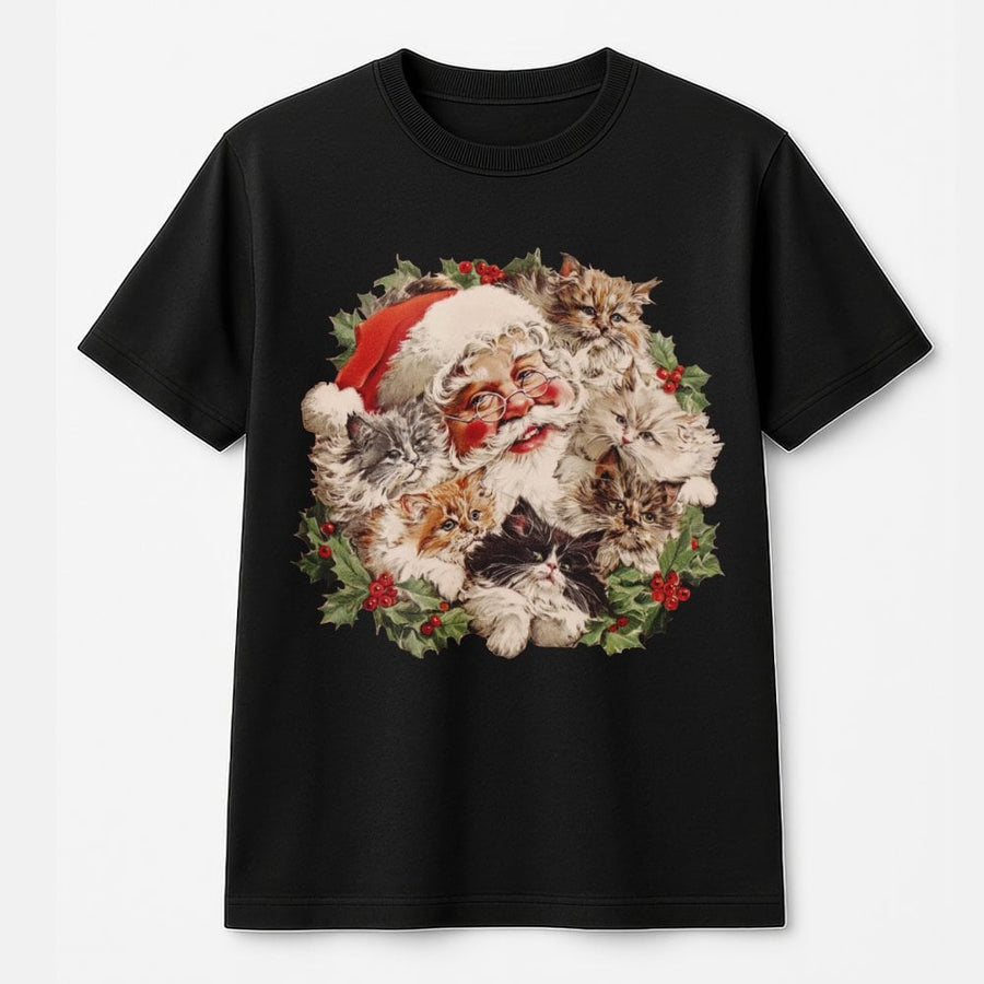 Santa Claus Kittens T-Shirt | Vintage Style Christmas Cat Wreath Graphic | 100% Premium Cotton Tee | Holiday Gift For Cat Lovers