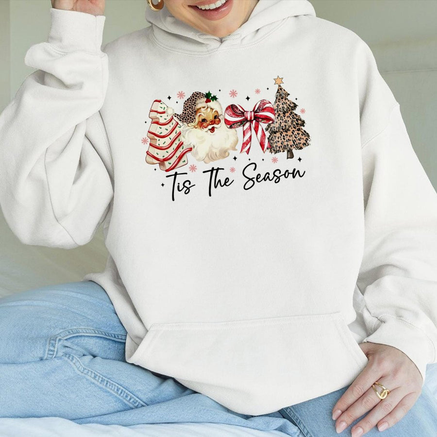 Tis The Season Christmas Hoodie | Leopard Print Santa & Tree Graphic | Premium Cotton Blend | Holiday Gift for Women & Men