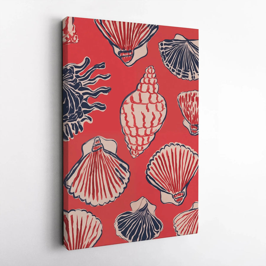 Coastal Seashell Canvas Wall Art | Red White and Blue Nautical Print | Gallery Quality 1.25 Inch Wrap | Beach House Decor Gift