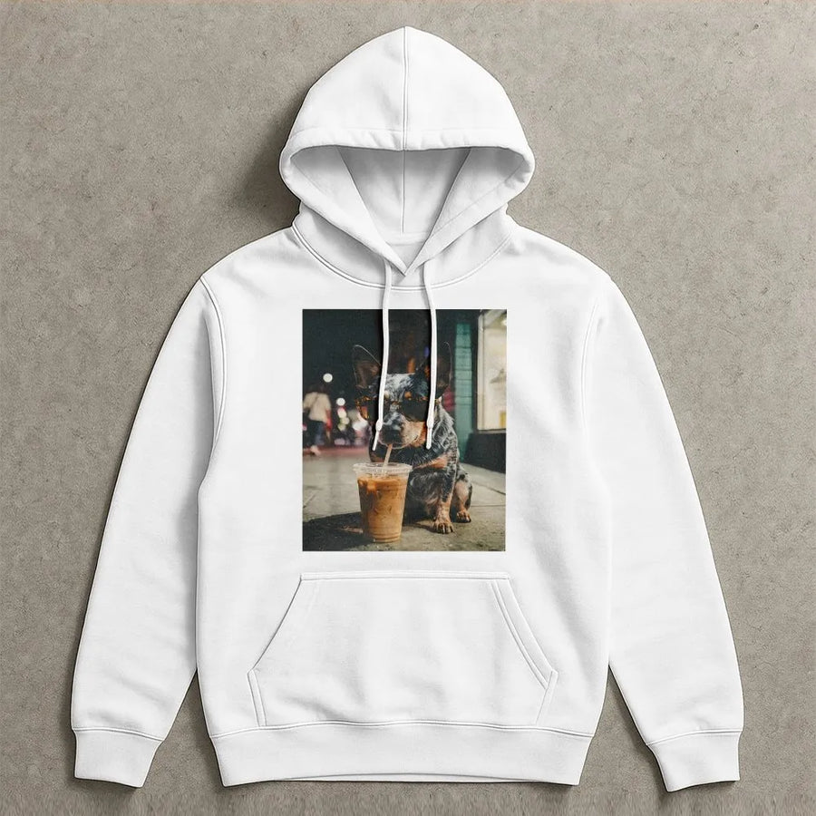 Blue Heeler Hoodie | Dog with Sunglasses Drinking Iced Coffee | Soft Cotton Blend | Funny Australian Cattle Dog Lover Gift