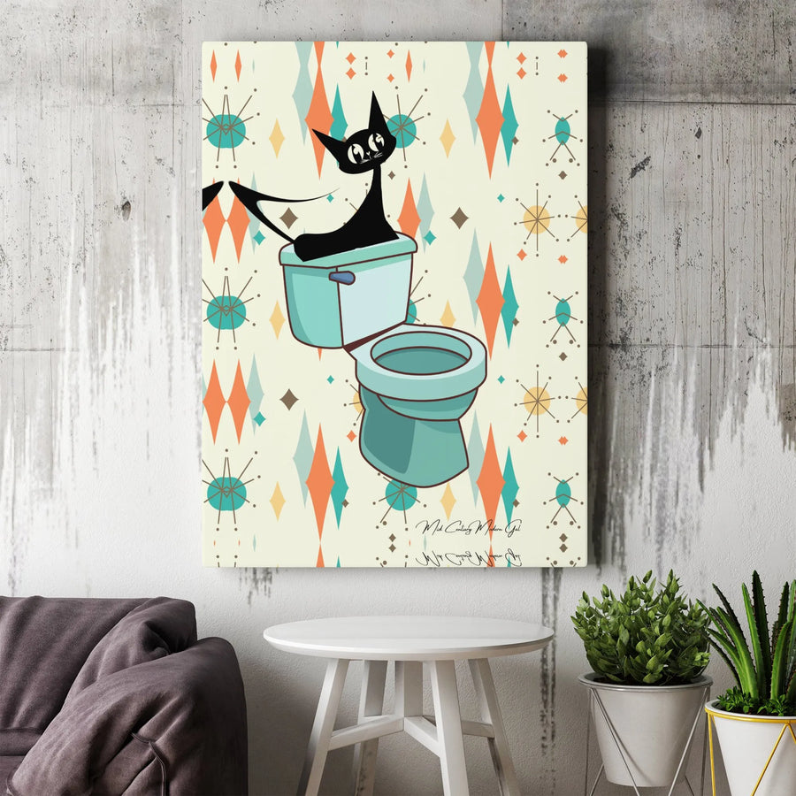 Mid Century Modern Cat Canvas Wall Art | Funny Black Cat in Toilet | Premium Gallery Wrapped Print | Unique Bathroom Decor Gift for Cat Lover