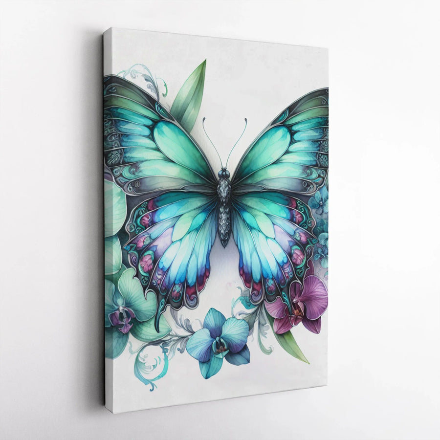 Teal Butterfly Canvas Wall Art | Watercolor Orchid Floral Print | Premium Gallery Wrapped Decor | Nature Lover Living Room Gift