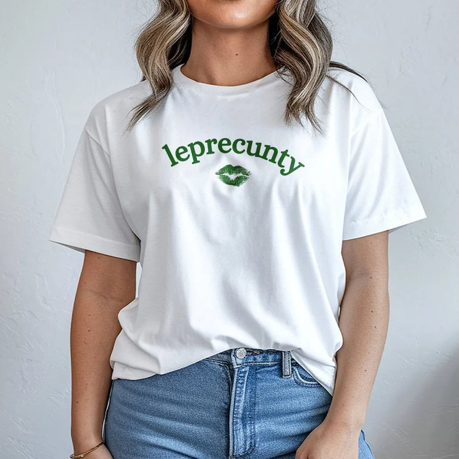 Leprecunty St Patricks Day T-Shirt | Funny Irish Pun with Kiss Lips Graphic | Soft Cotton Blend Sweatshirt | Trendy Party Outfit Gift for Her